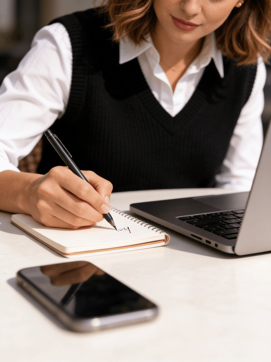 Profissional fazendo anotacoes em mesa de trabalho